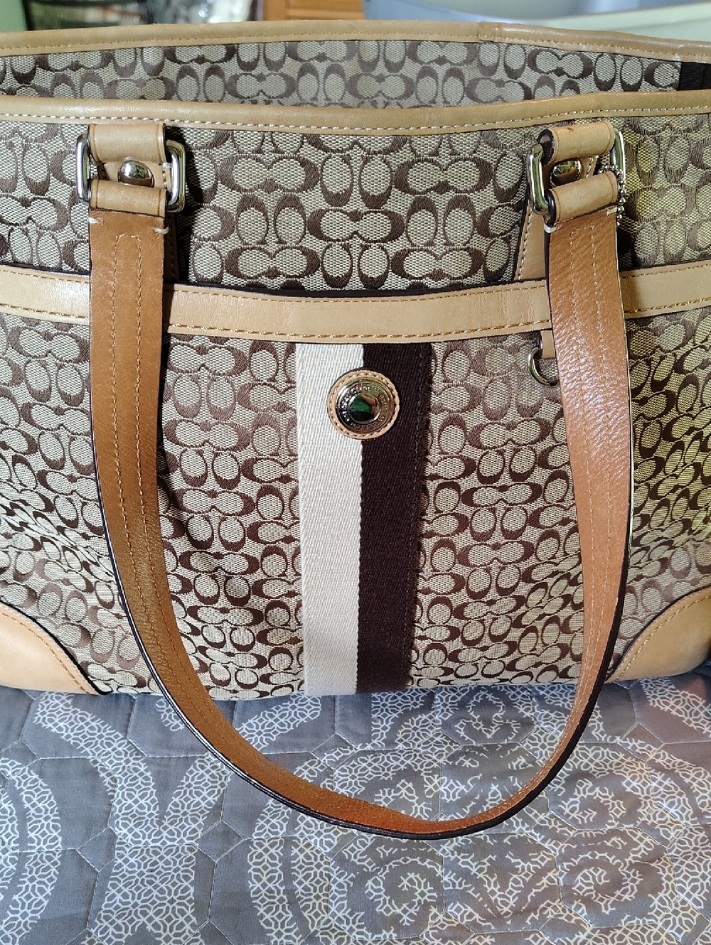 Coach Tan and Brown Signature Stripe Canvas Tote/Diaper Bag